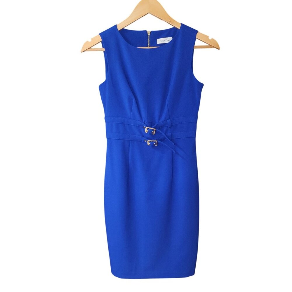 Calvin Klein Womens Blue Sleeveless Sheath Dress Size 0P Polyester Rayon Blend